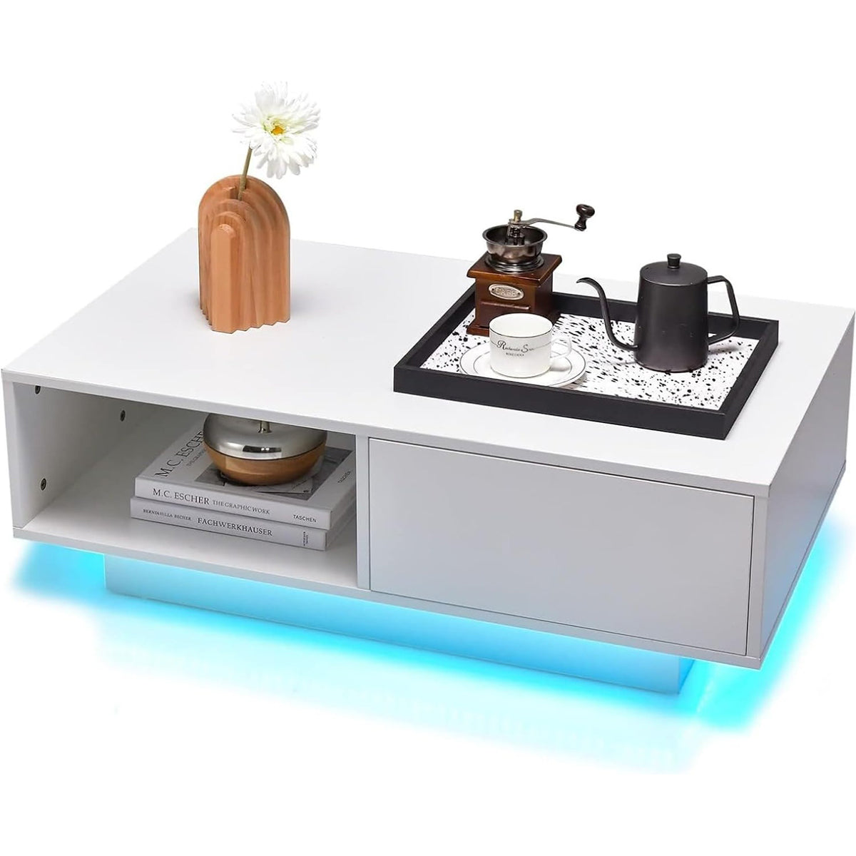 Moderner Couchtisch mit LED-Beleuchtung - Weiß Hochglanz - offenes Fach