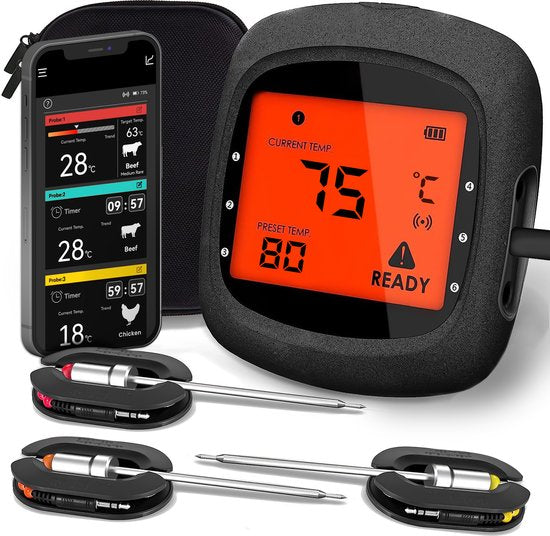 MostEssential - PRO-3 Digitales Fleischthermometer - Kabellos mit App - 100M Reichweite - inkl. 3 Messfühler - Schwarz
