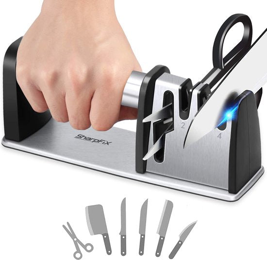 SharpFix 4-in-1 Messerschärfer Ultra - Anti-Rutsch-Messerschärfer - Piercing Sharpener - Wetzstahl - Scherenschärfer und 3-Stufen-Messerschärfer in einem - Edelstahl