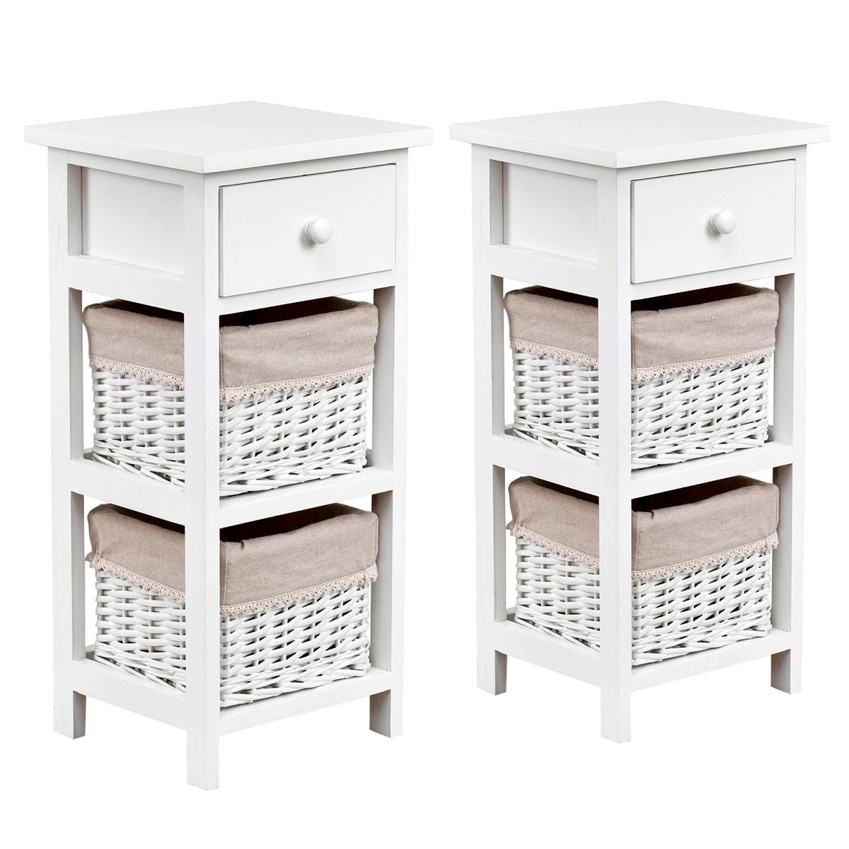 Coast Nachttisch mit Schublade und 2 Aufbewahrungskörben Sideboard Wicker Sideboard Weiß