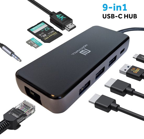 Northwall 9 in 1 USB C Hub & Docking Station - USB Splitter - Audio - 4K HDMI - USB A & USB C - Ethernet - Micro SD Kartenleser - Geeignet für Macbook