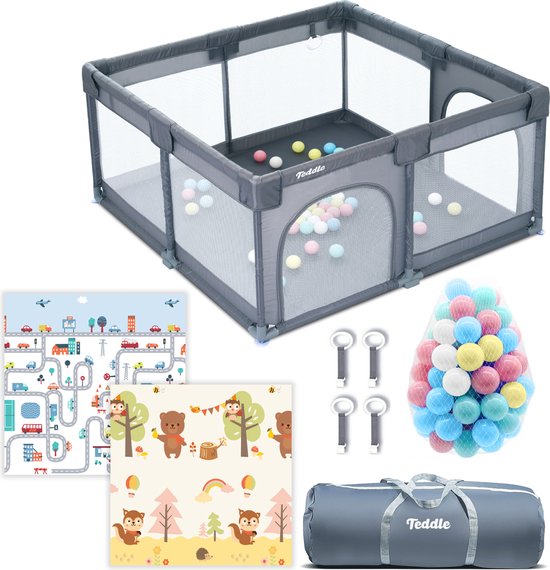 Teddle Ground Box - Inklusive doppelseitiger Spielmatte - Baby Spielbox mit 50x Spielbällen - Laufstall - 120x120cm - Grau