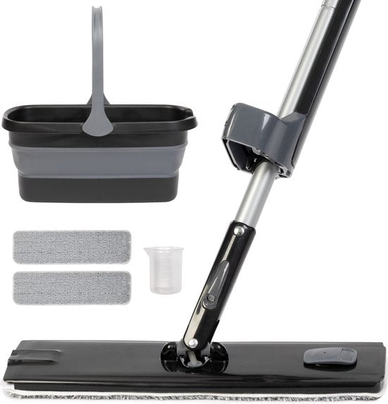 CLEANLY Wischsystem mit Spray und Wringer 136 cm - Bodenwischer - Mop-Set mit klappbarem Eimer - Spray Mop - Breite 36 cm - Schwarz
