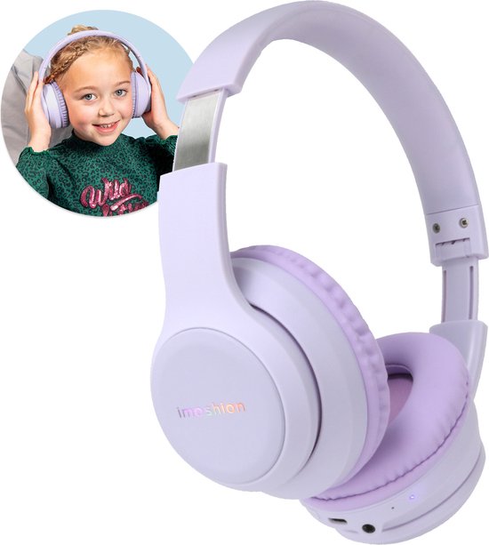 imoshion Kinder-Kopfhörer mit LED-Beleuchtung - mit Dezibel-Begrenzer - Bluetooth-Kopfhörer für Kinder - drahtlose Over-Ear-Kopfhörer - Lavendel-Lila