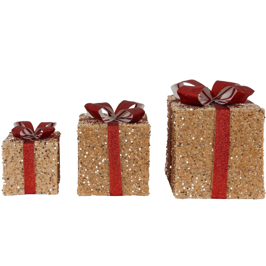 3 beleuchtete Geschenkschachteln - Gold mit roter Schleife - 15cm