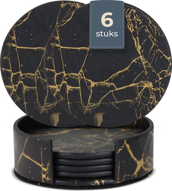 Castagnola Kunstleder-Untersetzer - Untersetzer für Gläser - Design-Untersetzer mit Halterung - Leder-Untersetzer-Set - Leder - 6er-Set - Marmor-Look - Schwarz/Gold