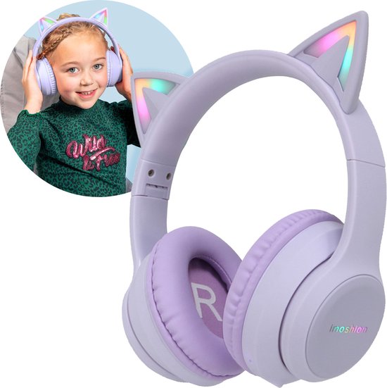 imoshion Kinder-Kopfhörer mit Katzenohren - Bluetooth-Kopfhörer für Kinder - drahtlose Over-Ear-Kopfhörer - Lavendel-Lila