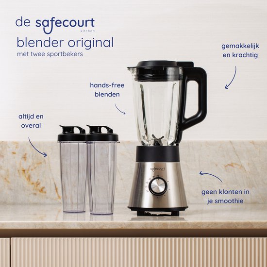 Safecourt Kitchen Power Mixer - 5 automatische Programme - Smoothie Maker - +2 Becher zum Mitnehmen - Edelstahl