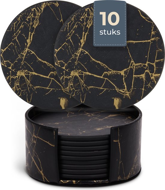 Castagnola Kunstleder-Untersetzer - Untersetzer für Gläser - Design-Untersetzer mit Halterung - Leder-Untersetzer-Set - Leder - 10er-Set - Marmor-Look - Schwarz/Gold