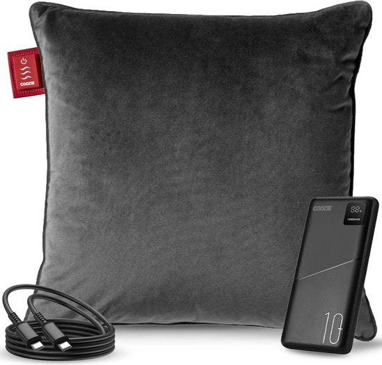 Coozie - Heat Pillow Grey Velvet - Elektrisch wiederaufladbar - Kabelloses Wärmekissen - 45 x 45 cm