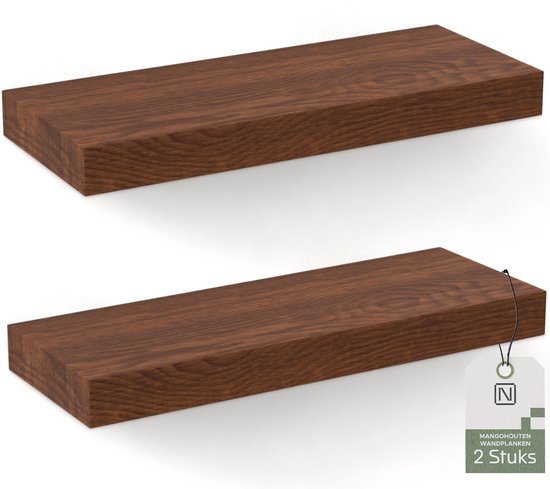 Noswo Schwebendes Wandregal - 2er Set mit 15 kg Belastbarkeit - Massives Mangoholz - Wandregal - 43x16