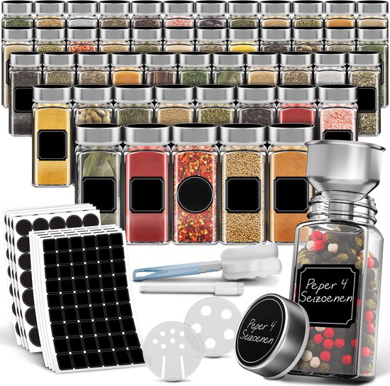 Soothe 48 Glasgewürzdosen quadratisch mit Edelstahldeckel - 2 Arten von Streudeckeln - Gewürzstreuer - Gewürzdosen - Komplettset inkl. Gewürzsticker