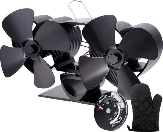 Vulpes Goods® Tech - Ofenventilator für Kaminöfen - Kaminofenventilator - Ecofan - Wärmeventilator - 8 Flügel & 2 Ventilatoren - Inkl. Thermometer & Handschuh - PRO Version