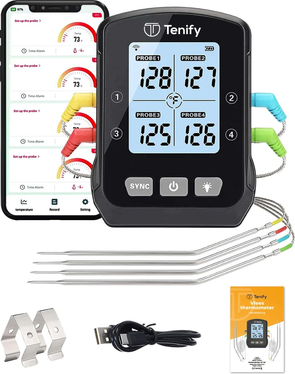Tenify Fleischthermometer - Drahtlos mit Mobile App -BBQ Thermometer - Bluetooth - Digitales Küchenthermometer - Ofenthermometer - Lebensmittelthermometer (4 Messfühler)