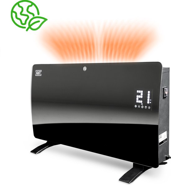 QLT Curved Glass Heating Panel - Elektrische Heizung mit App-Steuerung - Badheizung mit Thermostat und Frostschutz - 2000 Watt - Schwarz