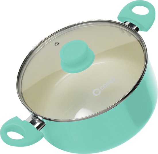COOCK Kochtopf mit Deckel - 5000ml - Induktion - Spezielle Antihaftbeschichtung - Ergonomische Kaltgriffe - Recyceltes Aluminium - Türkis/Weiß - Inklusive E-Book