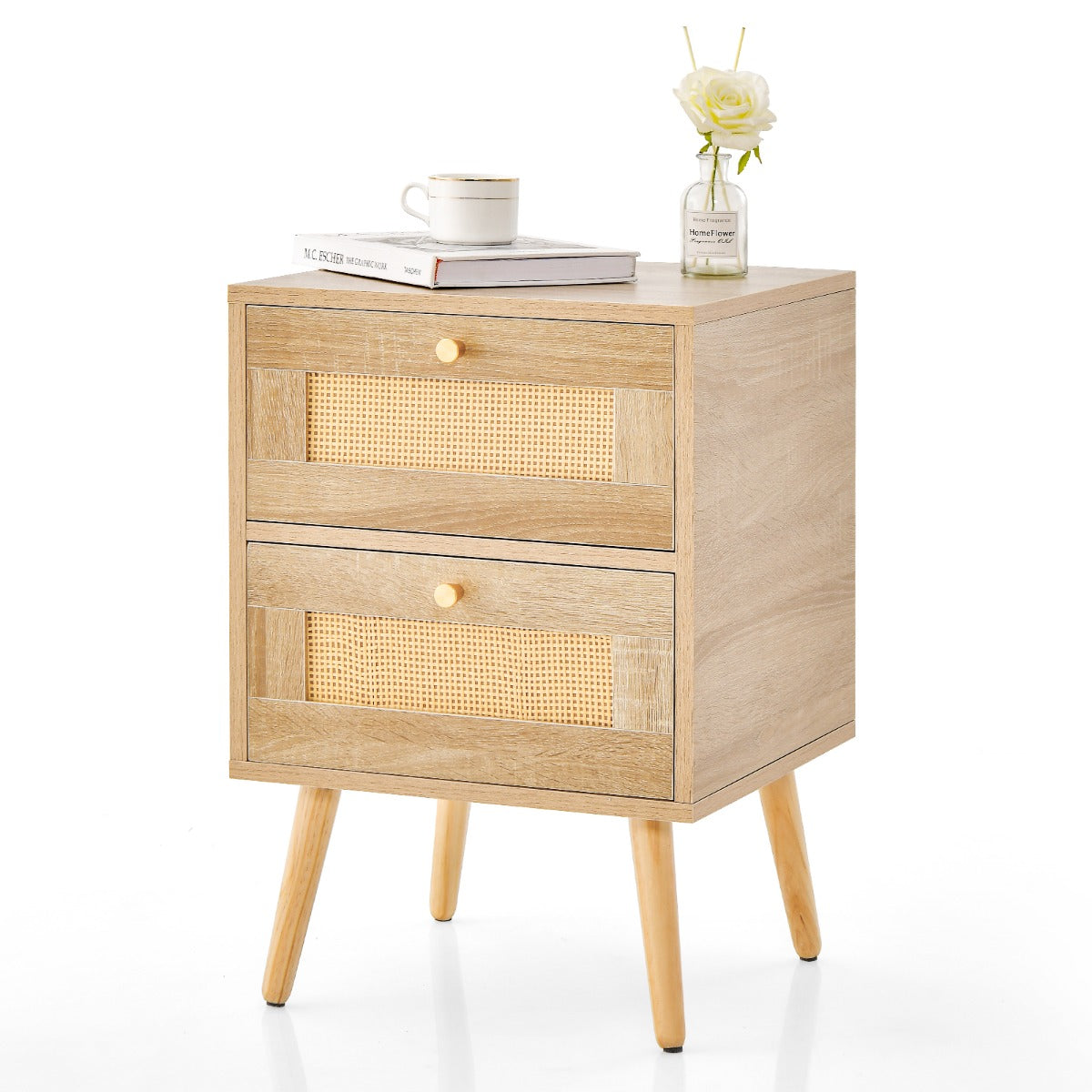 Rattan-Nachttisch mit 2 Schubladen - Mid-Century Modern - Massivholzbeine - 40 x 35 x 50 cm