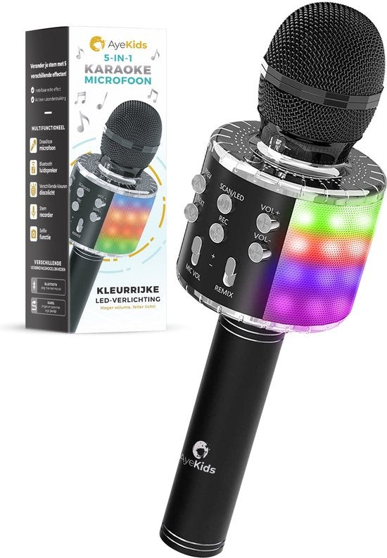 AyeKids 5-in-1 Karaoke-Mikrofon - Drahtlos & Bluetooth - Eingebauter Lautsprecher & Disco-Lichter - Inkl. AUX-Kabel - Mikrofon Kinder - Karaoke-Set - Schwarz