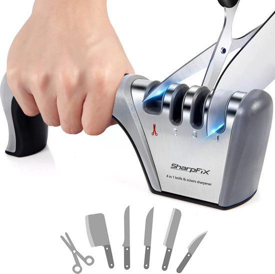 SharpFix 4-in-1 Messerschärfer Prime - Anti-Rutsch-Messerschärfer - Piercing Sharpener - Schärfstahl - Scherenschärfer und 3-Stufen-Messerschärfer in einem - Edelstahl