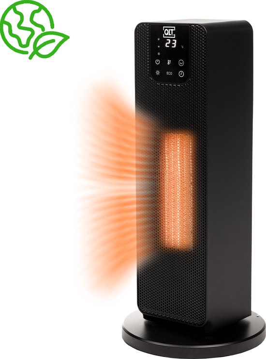 QLT Keramikkocher mit Glüheffekt - Elektrischer Turmkocher mit PTC-Keramik-Heizelement - Heizung mit ECO-Modus und LCD-Display - Schwarz