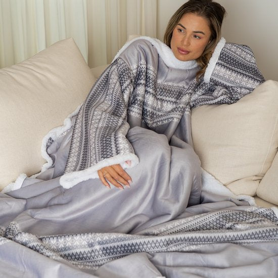 Fleece-Decke mit Ärmeln - Kapuzen-Decke - Decke mit Ärmeln - Kapuzen-Decke - Snuggle - Hoodie - Huggle Hoodie - Fleece-Decken - Plaid mit Ärmeln - TV-Decke - Snuggy - Frauen und Männer - Erwachsene - 180x130 cm - Grau - Druck - Weihnachtsgeschenk
