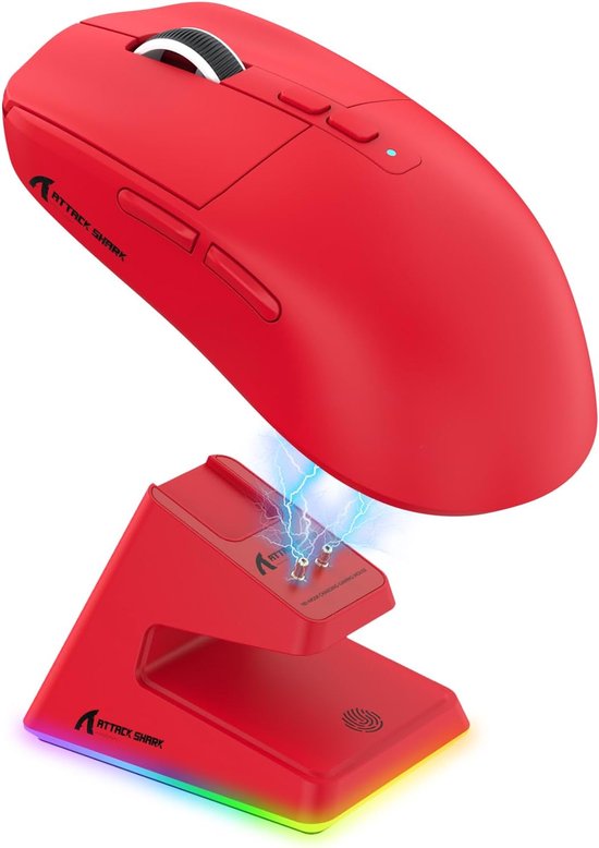 ATTACK SHARK X6 Kabellose Gaming-Maus - RGB-Ladedock - Kabelgebunden/2.4G/BT5.4 - Leichtgewicht 56G - PAW3395 - 26000DPI - Rot