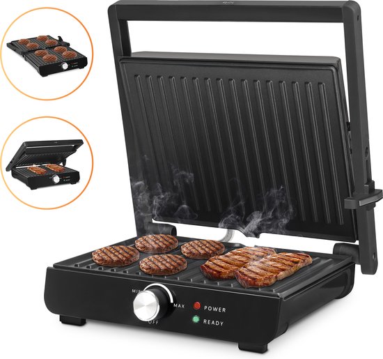JAP Appliances Caligrill - Kontaktgrill (2000W) mit Temperaturanzeige - 180°C Ausklappbar - Inklusive Fettauffangschale -