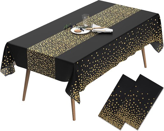 Partizzle 2x Plastik Einweg-Tischdecke - Geburtstag Party Dekorationen - 50 Jahre Abraham Sarah Dekoration - Weihnachten Alt und Neu 2025 Artikel / Neujahr - Schwarz und Gold - 274 x 137 cm