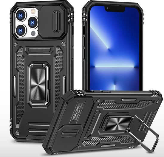 Podec Case passend für iPhone 11 Pro Schwarz Phone Case - Anti-Shock Case Cover Hybrid Armor Case mit Kickstand Ring mit Displayschutzfolie