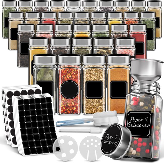 Soothe 36 Glasgewürzdosen quadratisch mit Edelstahldeckel - 2 Arten von Streudeckeln - Gewürzstreuer - Gewürzdosen - Komplettset inkl. Gewürzsticker