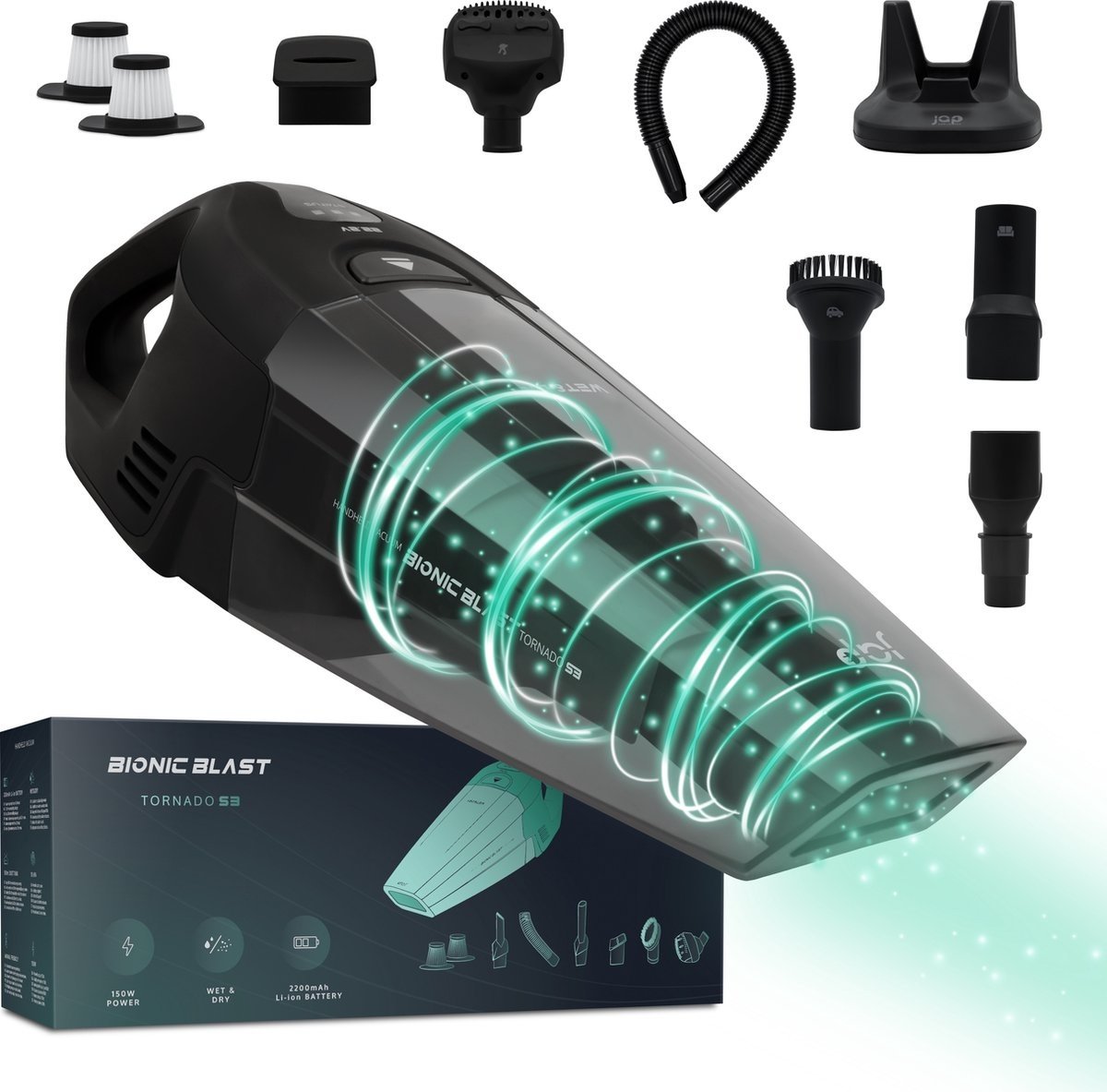 JAP Appliances - All-in-One Handstaubsauger - Nass- und Trockenschmutz für Auto/Haustiere/Haus - Kabellos - Schwarz