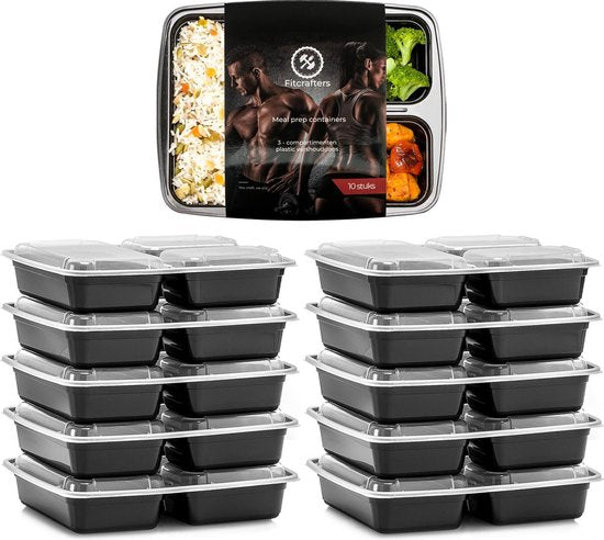 Fitcrafters Meal Prep Trays - Frischhalteschalen - Tiefkühlschalen - 10 Stück - 3 Fächer - 1L - BPA frei