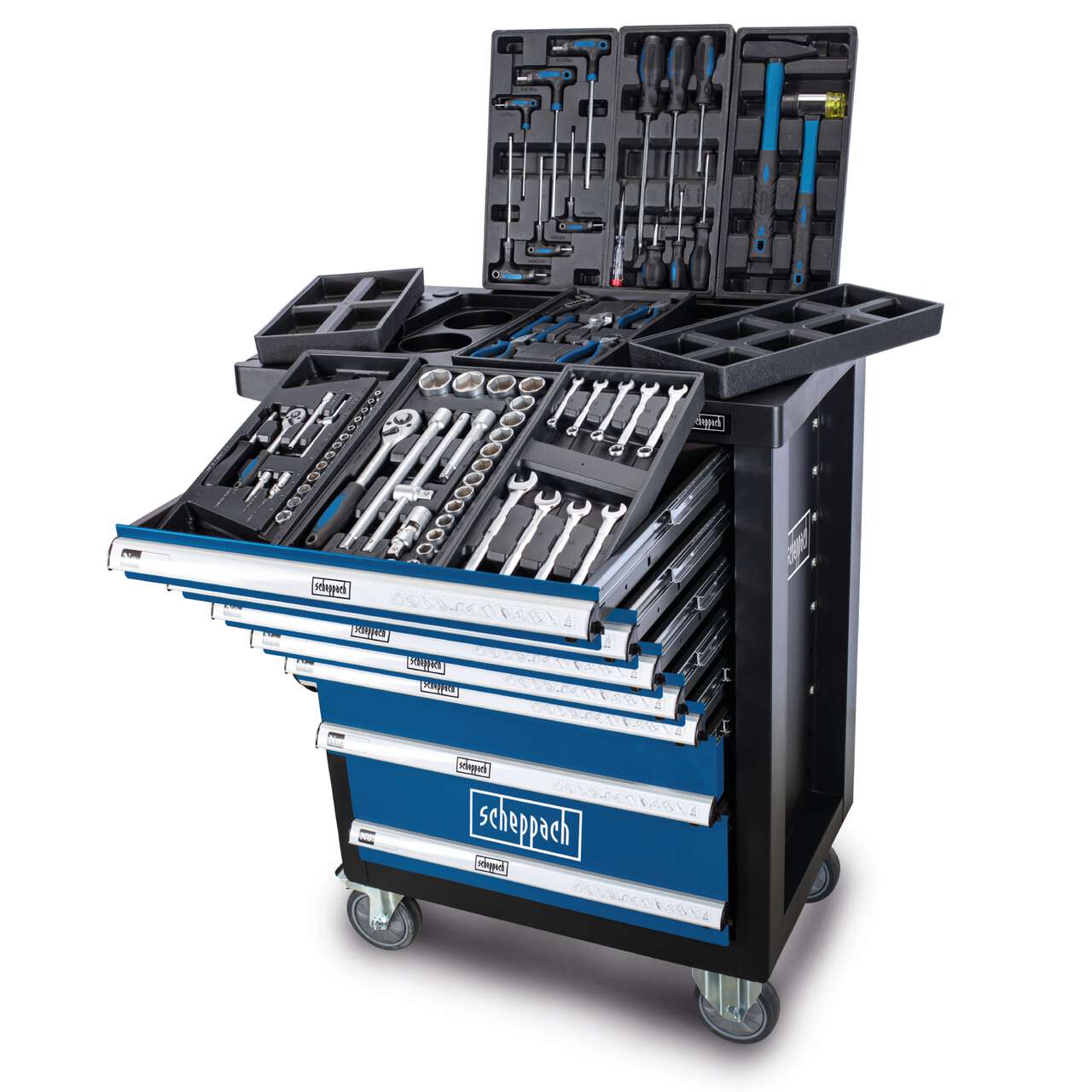 Werkstattwagen TW1100 Scheppach - 70-tlg. Werkzeug | abschließbar | 7 Schubladen | Räder mit Sperrfunktion | Soft-Grip Handgriffe