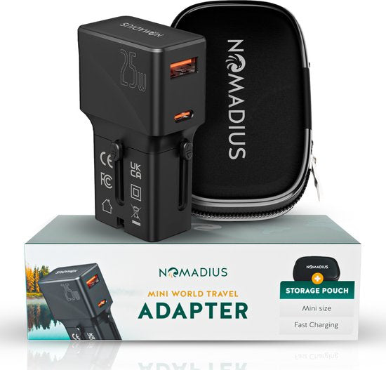 Nomadius Mini World Plug - Schnellladung - Universal Travel Plug - 1 USB-C und 1 USB - 200+ Länder - Universal - Amerika (US) - England (UK) - Australien - Asien - Südamerika - Europa - Italien - Afrika - Weltstecker - Schwarz