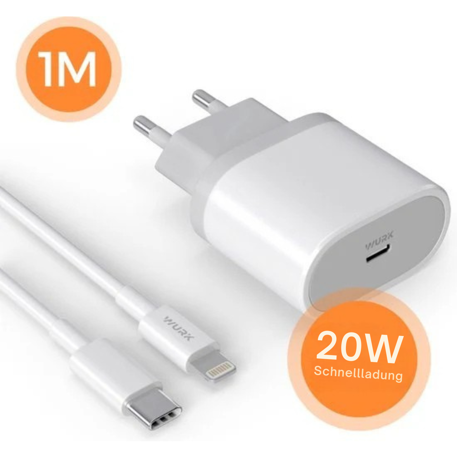 Wurk - Ladegerät - Geeignet für iPhone und iPad - 20W Schnellladegerät - 1M Ladekabel - Weiß