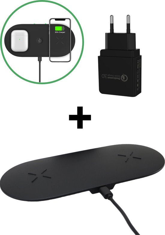iSetchi 2-in-1 kabelloses Qi-Ladegerät (15W Schnellladegerät) - Inklusive Quick Charge 3.0 Adapter - Kabellose Ladestation - Telefon-Ladegerät für iPhone/Apple - Samsung - Android - Airpods & Galaxy Buds