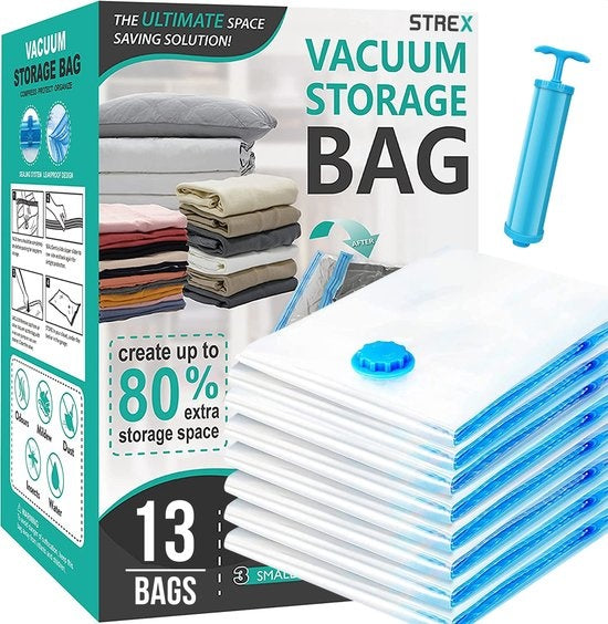 Strex Vacuum Bags Duvets & Clothes - 14 Stück / 4 Größen - Reisebeutel / Vakuumbeutel - inkl. Handpumpe