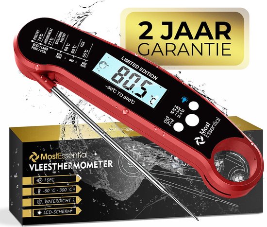 MostEssential Premium Fleischthermometer - BBQ Thermometer - Kernthermometer - Zuckerthermometer - Küchenthermometer - Digital - Kabellos - Wasserdicht - Rot