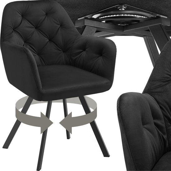 tectake® - Drehstuhl in Samtoptik - Esszimmerstuhl mit Armlehnen - Ergonomischer Sitz und Rückenlehne - 180-Grad-Drehung - Moderner Stuhl mit Stahlbeinen - Verschiedene Farben - Schwarz