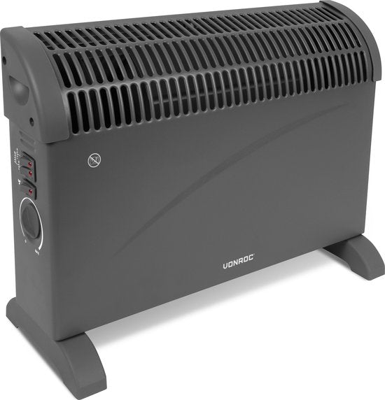 VONROC Elektroheizung - Konvektorheizung mit eingebautem Heizkörperlüfter - 3 Stufen: 750W/1250W/2000W - Einstellbarer Thermostat - Beheizt Räume bis zu 24m2 - Extra robustes Gehäuse - Grau
