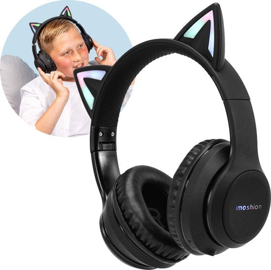 imoshion Kinder-Kopfhörer mit Katzenohren - Bluetooth-Kopfhörer für Kinder - drahtlose Over-Ear-Kopfhörer - schwarz