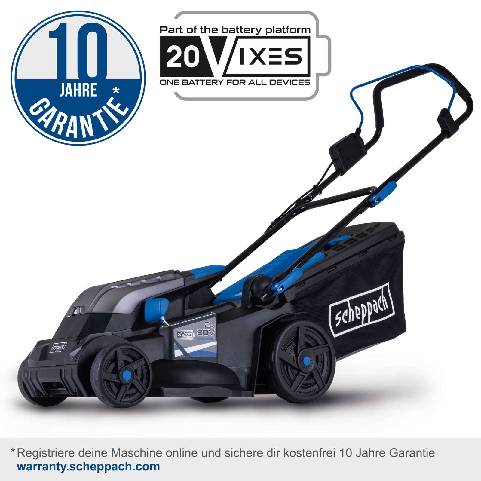 Akku-Rasenmäher BC-MP380-X Scheppach | 38cm Schnittbreite | für 450-500 m2 | 45L Korb | inkl. 4x 2Ah Akku + 2,4A Doppelladegerät