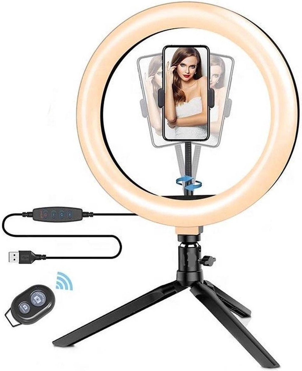Merkloos - LED Ringlampe mit Stativ - TikTok Licht - 10 Dimmstufen - USB - 26 cm/10 Zoll - Schwarz
