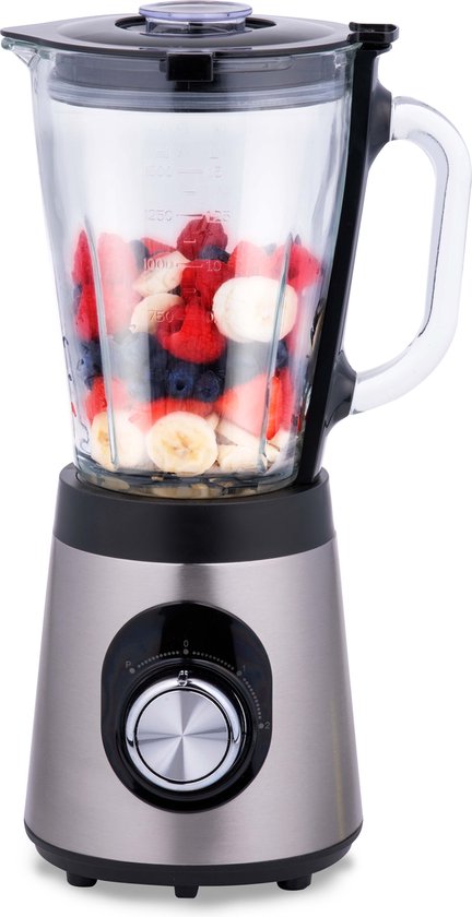 alpina Blender 1.5L - BL9703A-GS - Smoothie Maker 500W - Anti-Rutsch-Boden - 2 Geschwindigkeiten und Pulsierfunktion - Edelstahlboden und Glaskanne - Silber