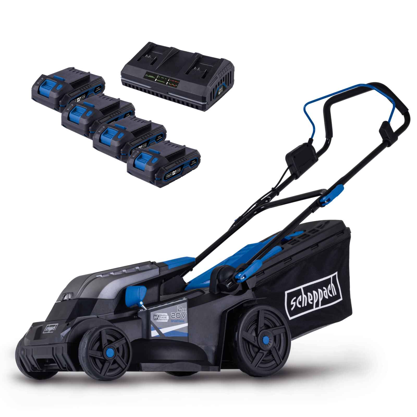 Akku-Rasenmäher BC-MP380-X Scheppach | 38cm Schnittbreite | für 450-500 m2 | 45L Korb | inkl. 4x 2Ah Akku + 2