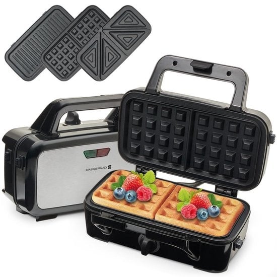 KitchenBrothers 3-in-1 Waffeleisen - Toaster - Kontaktgrill - austauschbare Platten - rostfreier Stahl