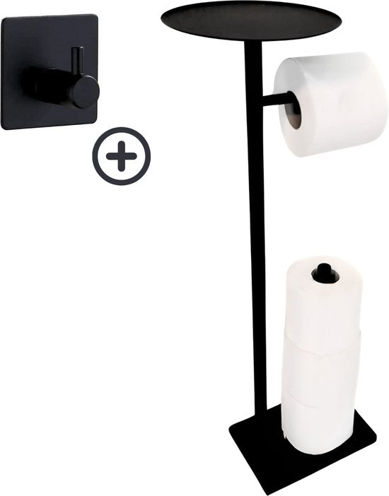 Toilettenhalter mit Ablage und Ersatzrollenhalter - Schwarz - Inklusive Handtuchhaken