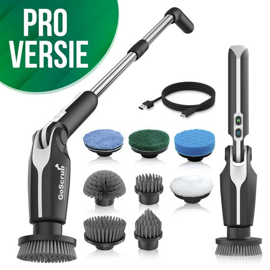 GoScrub® Elektrische Reinigungsbürste - Cleaning Hero V1 - Schwarz - Schrubber mit Griff - Polierer - Scheuerbürste - Für Bad und Küche - 8 Aufsätze