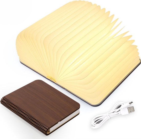 MikaMax Buchlampe - Buchlicht - Stimmungslicht - Nachtlicht - 3 Lichtstufen - aus echtem Holz und Papier - LED - kabellos - USB aufladbar - kastanienbraun - 14 x 2