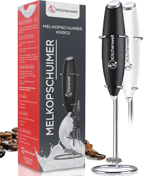 Kitchenwell Elektrischer Milchaufschäumer - Inklusive Edelstahlhalterung & Schneebesen - Milchaufschäumer manuell - Milchschneebesen - Schwarz